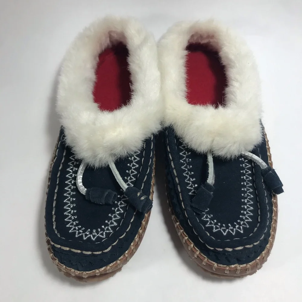 Lands' End Dark Navy Blue Slip On Embroidered Slippers Size 8 - Picture 2 of 12